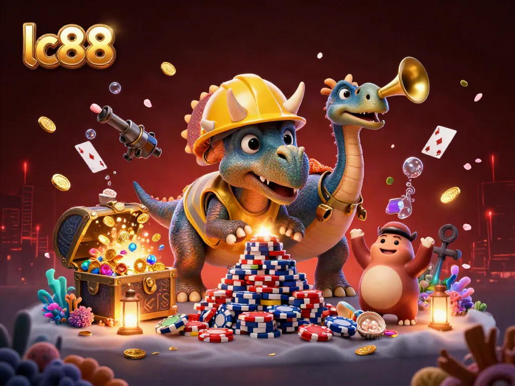 Engage with thrilling gameplay at lc88, as a triceratops builds poker chips amidst golden treasures and cheerful characters.