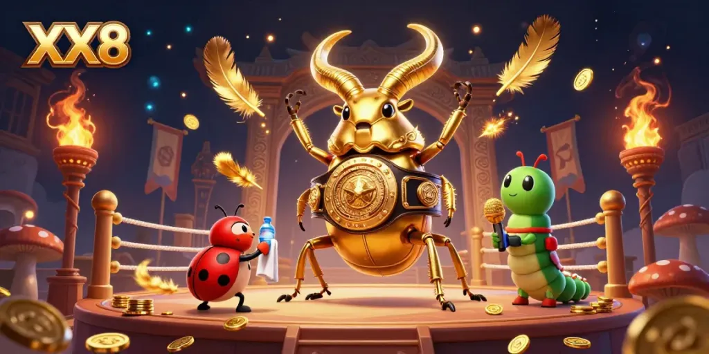 Engage with thrilling bets on XX8 as a giant beetle champion faces off, capturing casino excitement.