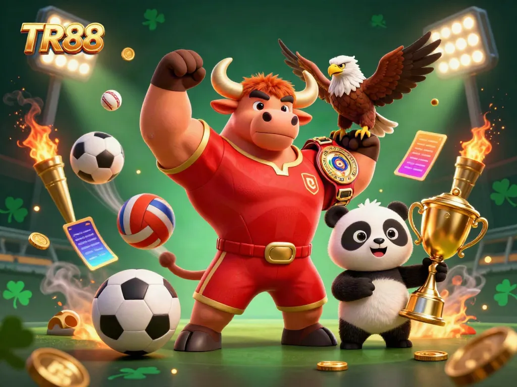 Experience thrilling victories at TR88 with a dynamic casino scene showcasing a victorious bull mascot and friends.