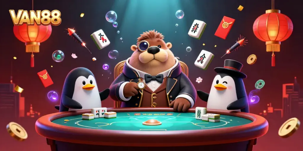 Experience VAN88 with a jolly walrus at an underwater poker table among vibrant casino elements.