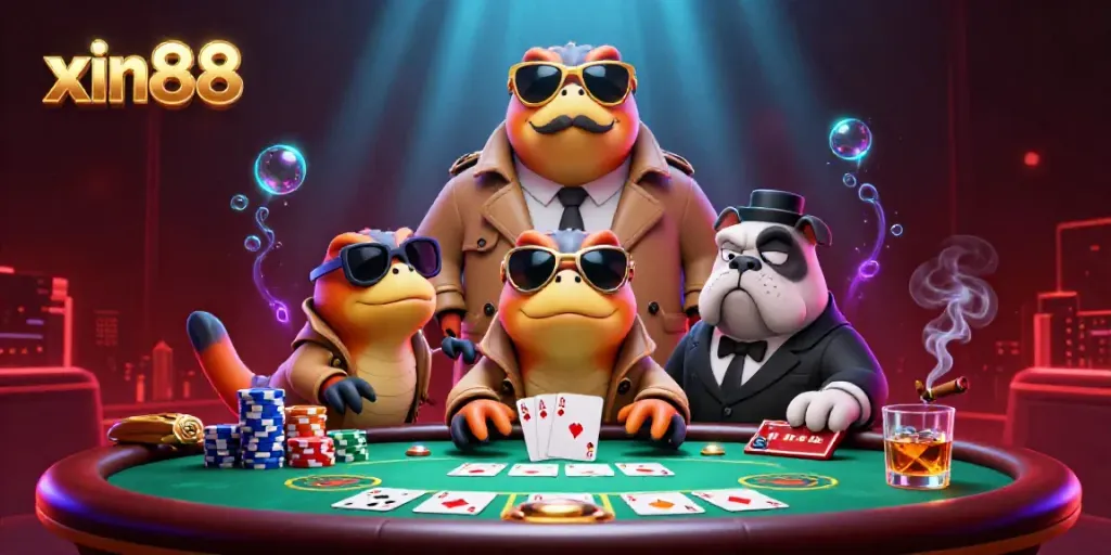 Experience the thrill of xin88 with cartoon raptors disguised at a casino VIP lounge, surrounded by poker action.