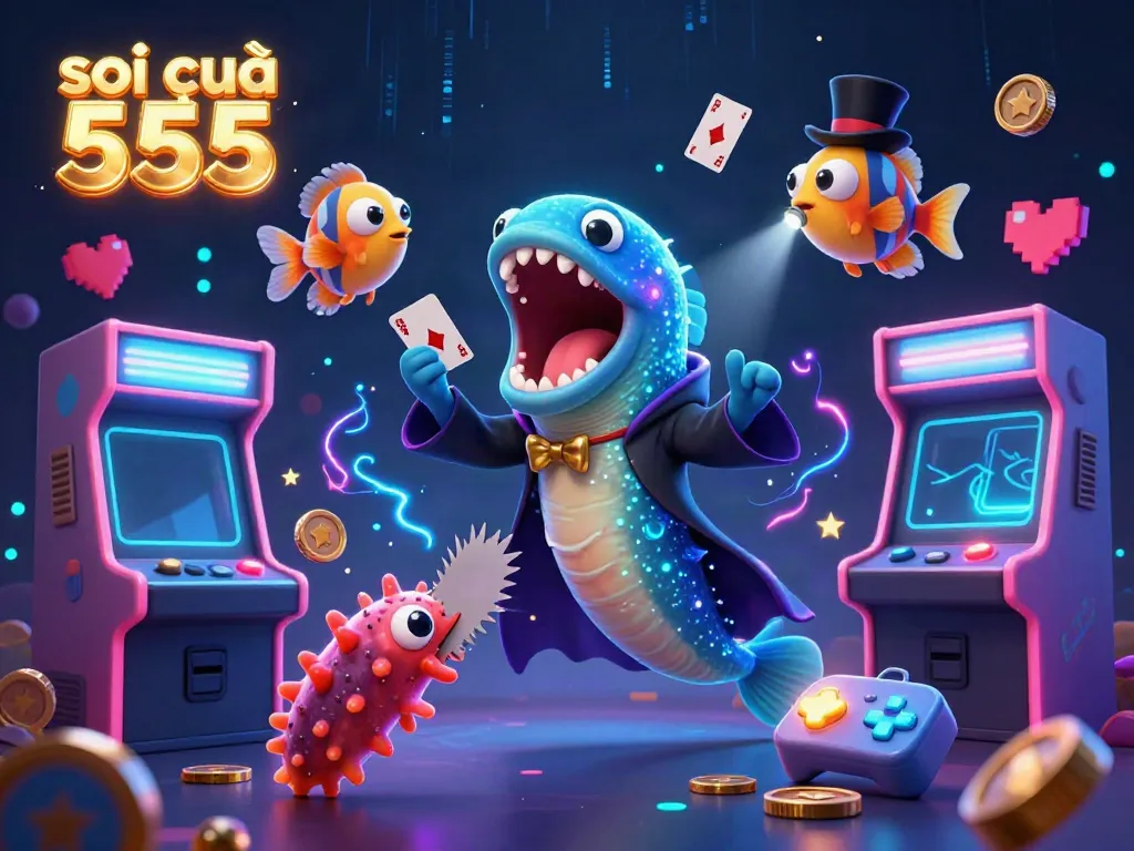 Engage with soi cầu 555 in a vibrant underwater casino scene featuring a magician eel, spotlight anglerfish, and a performing sea cucumber.