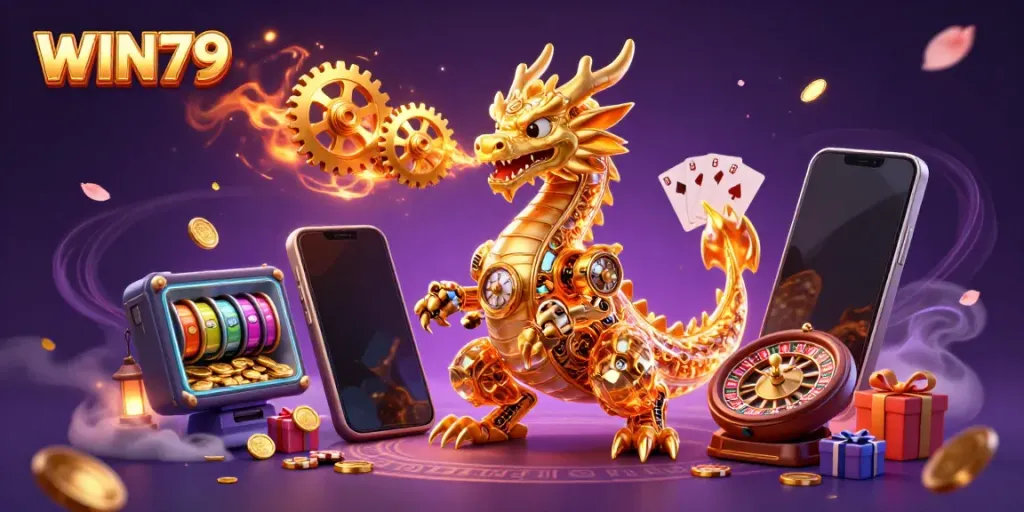 Engage with WIN79's vibrant casino experience featuring a golden dragon and a mouse engineer amid dynamic gaming elements.