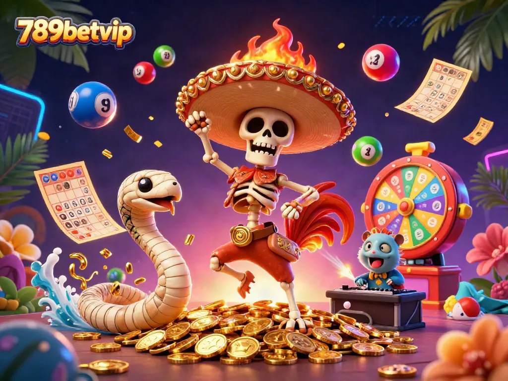 Engaging 789betvip scene with mariachis, gold coins, and vibrant lottery elements.