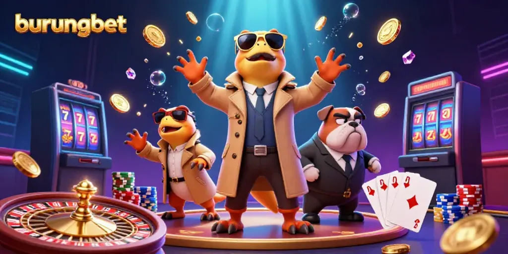 Engage in the excitement of burungbet with cartoon raptors and casino elements in a vibrant scene.