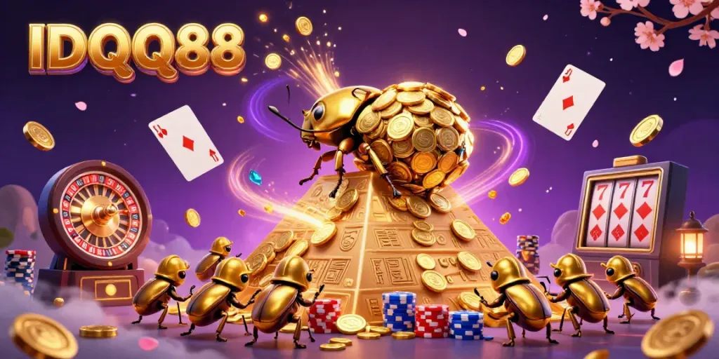 Experience the excitement of IDQQ88's gaming world with a vibrant scene depicting golden beetles and cascading coins.
