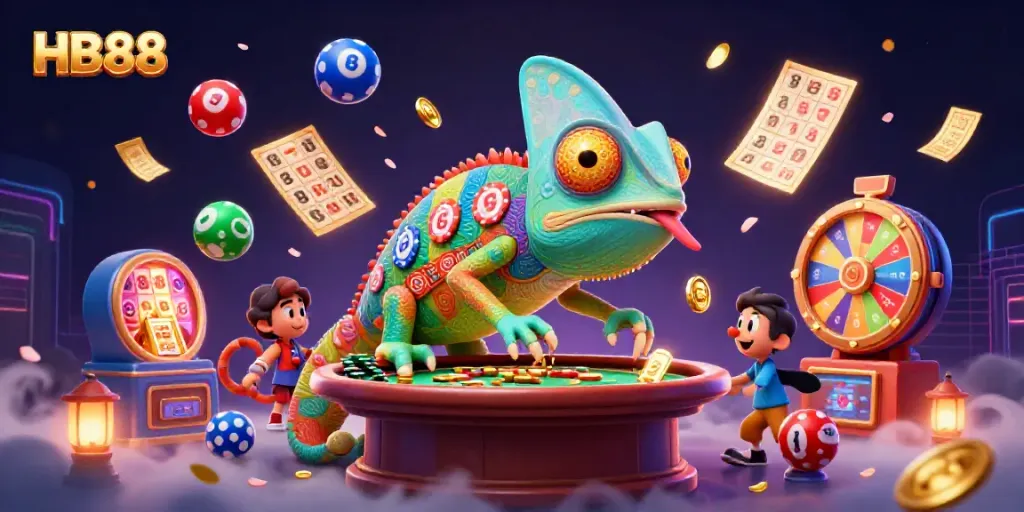 Engage in thrilling HB88 casino gameplay with vibrant elements and an entertaining chameleon mascot.