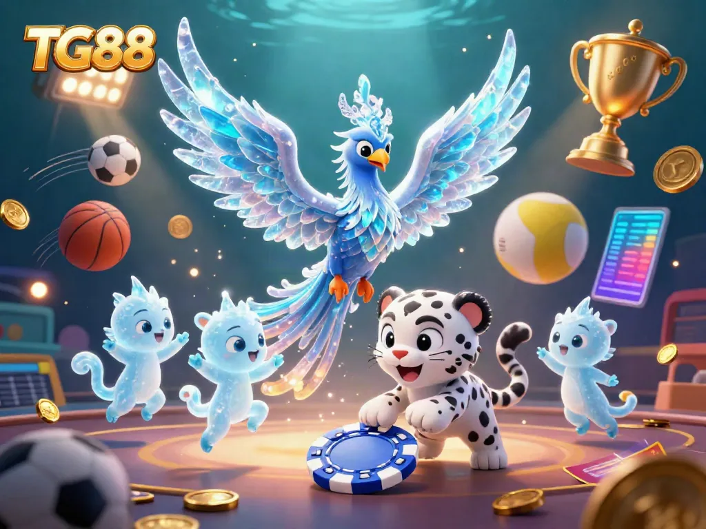 Experience thrilling games at TG88 with an enchanting ice phoenix and playful snow leopard in an exciting casino scene.