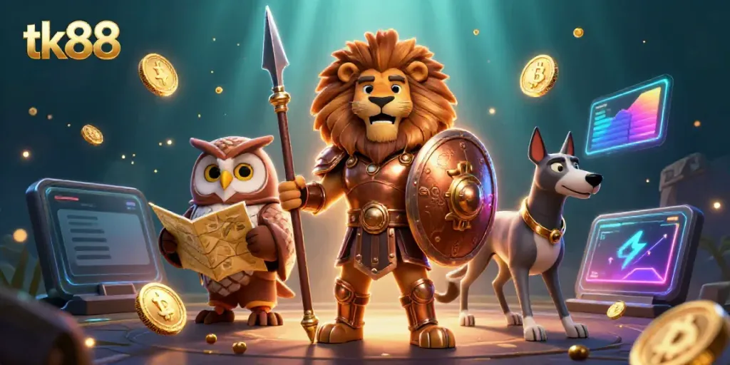 Engage with the excitement at tk88 casino featuring a heroic lion and insightful owl amidst dazzling crypto elements.
