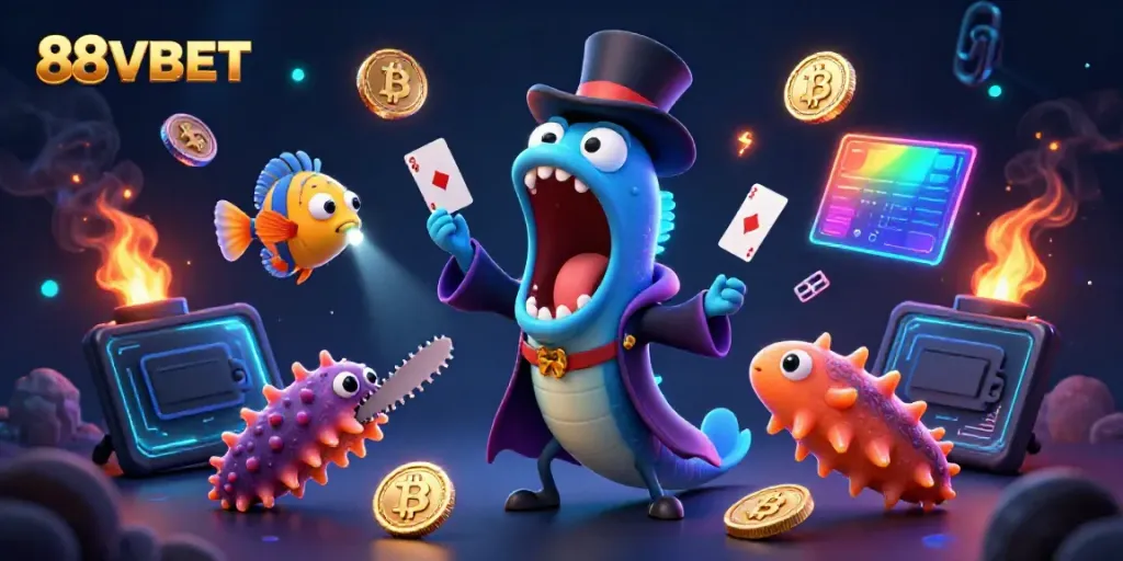 Engage with thrilling games at 88VBET, where a bioluminescent eel performs magic tricks in a vibrant casino atmosphere.