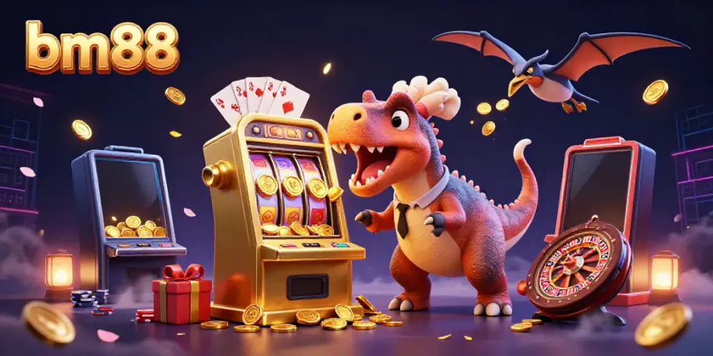 Experience the excitement at bm88 as a cartoon dinosaur interacts with a jackpot slot machine, surrounded by vibrant casino elements.