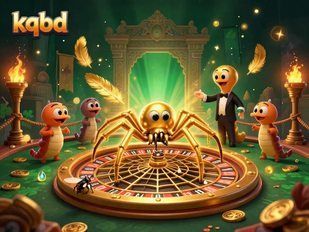 Engaging kqbd illustration of a golden spider and centipede at a roulette-style web, enhancing sports betting ambiance.