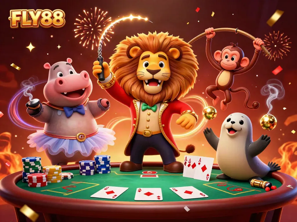 Engage in thrilling poker action with FLY88 as vibrant characters fill a colorful casino scene.