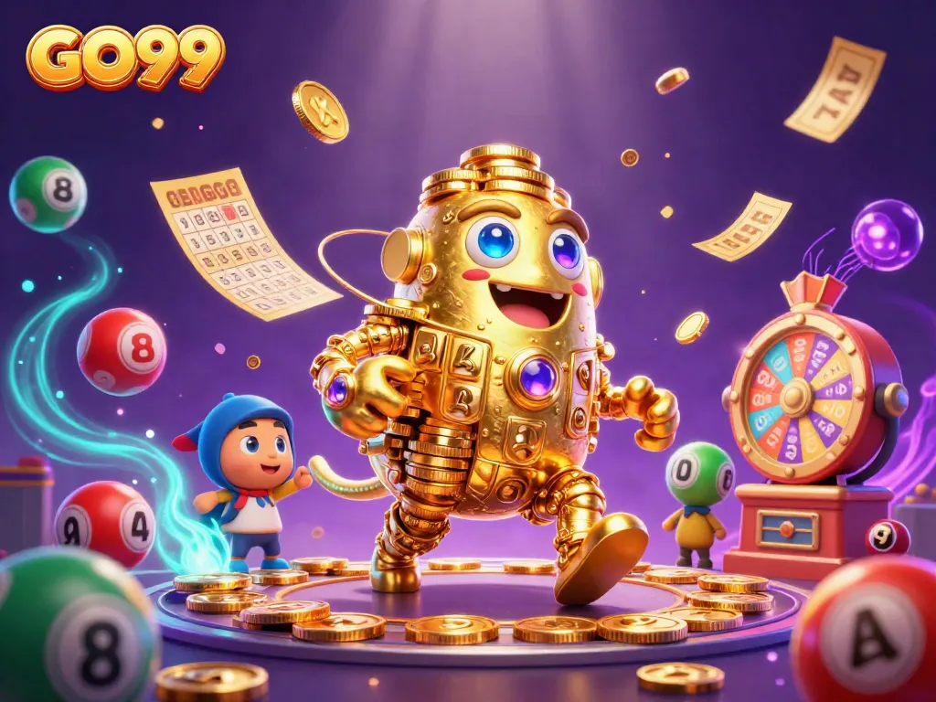 Experience the excitement of GO99 with a vibrant casino-themed 3D illustration featuring dynamic game elements.