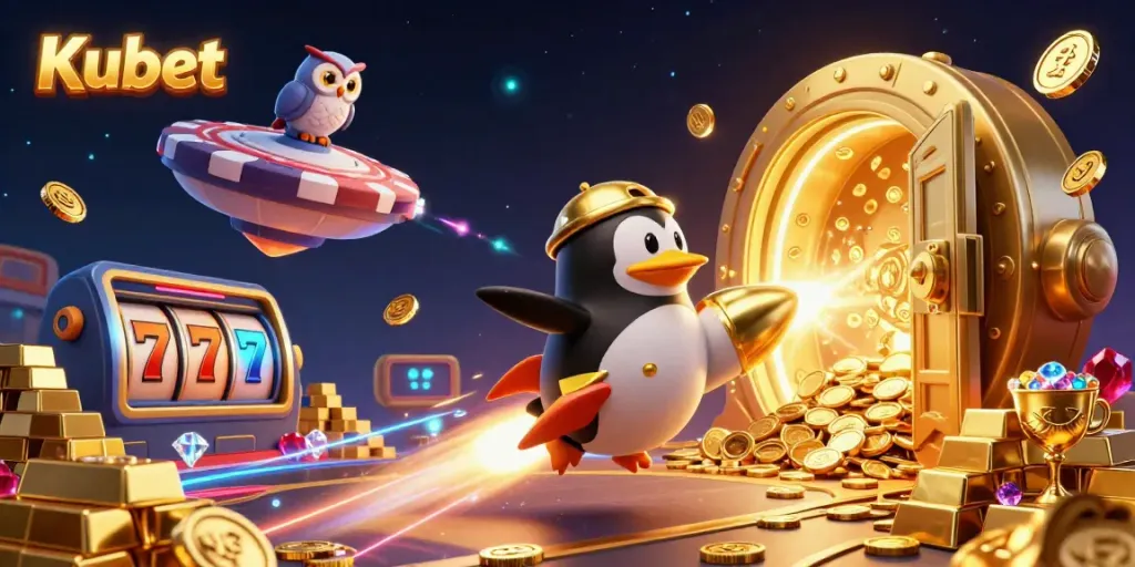 Kubet casino features a golden penguin zooming through space toward a giant poker chip, amid gold coins and jewels.