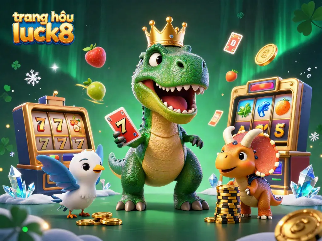 Experience thrilling action at trang chủ luck8 with a T-Rex dealing cards and vibrant casino elements.