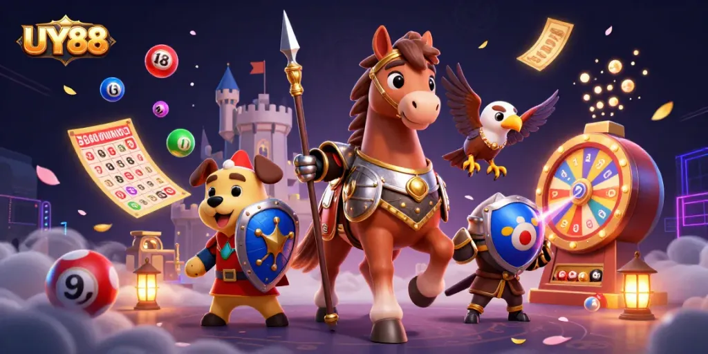 Engage with UY88 as the knight, squire puppy, and falcon venture through a vibrant, dynamic gambling scene.
