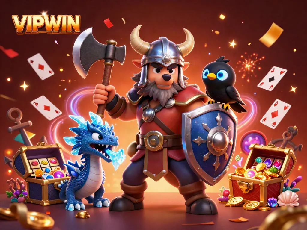 Experience thrilling gaming action at VIPWIN with a Viking warrior and friends amidst vibrant slot game elements.