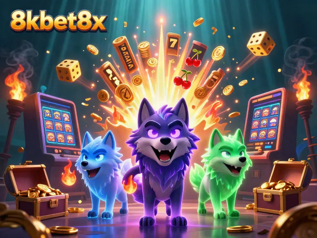Experience thrilling wins at 8xbet8x with a dynamic scene of animated wolves and festive casino elements.