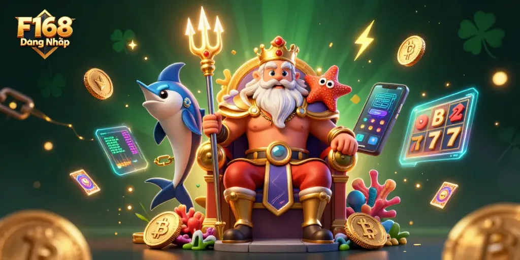 Engage with F168 Đăng Nhập in a vivid 3D Casino scene showcasing Neptune and cryptocurrency elements.