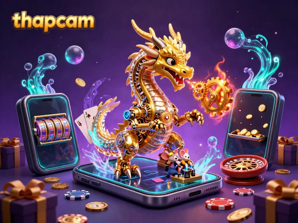 Experience slot action with thapcam in a vibrant, detailed 3D casino scene featuring a golden dragon and mouse engineer.