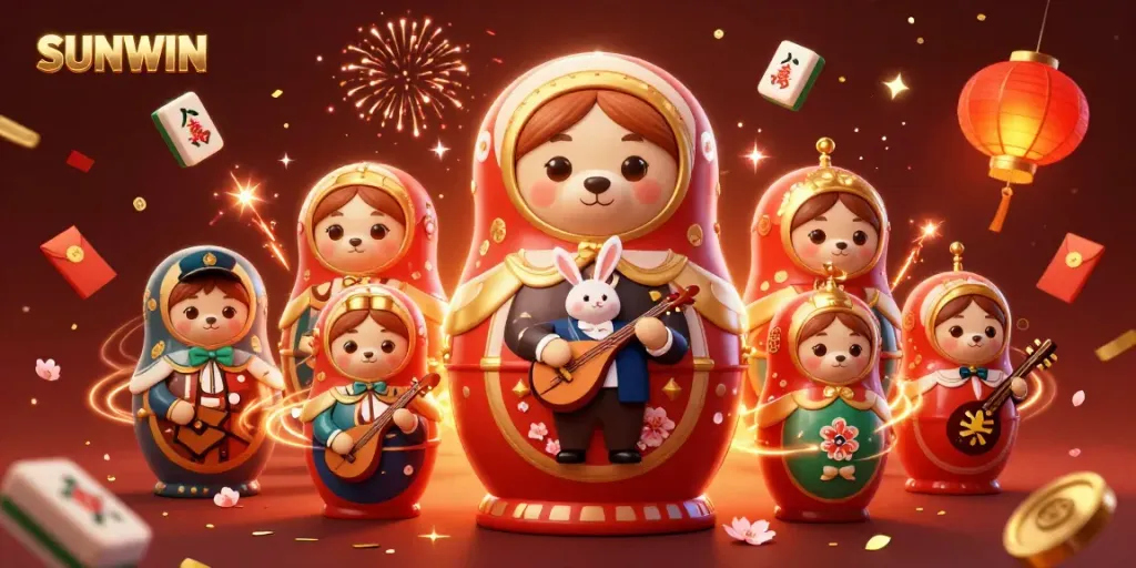 Experience SUNWIN's vibrant casino atmosphere with 3D characters and festive elements in a detailed illustration.