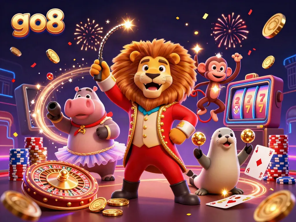 Join the excitement at go8 with a vibrant casino-themed scene featuring cartoon characters and gaming elements.