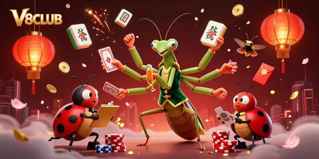 V8CLUB features a dynamic scene with a cartoon mantis card dealer and ladybug pit boss at an animated casino.