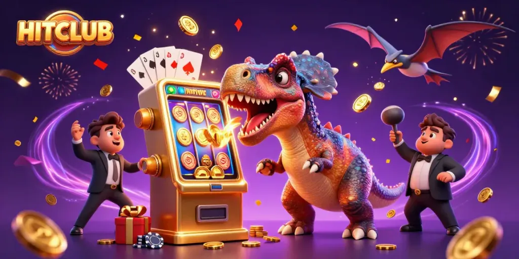 Hitclub gaming scene showcasing a dinosaur interacting with a slot machine amidst flying coins and vibrant celebrations.