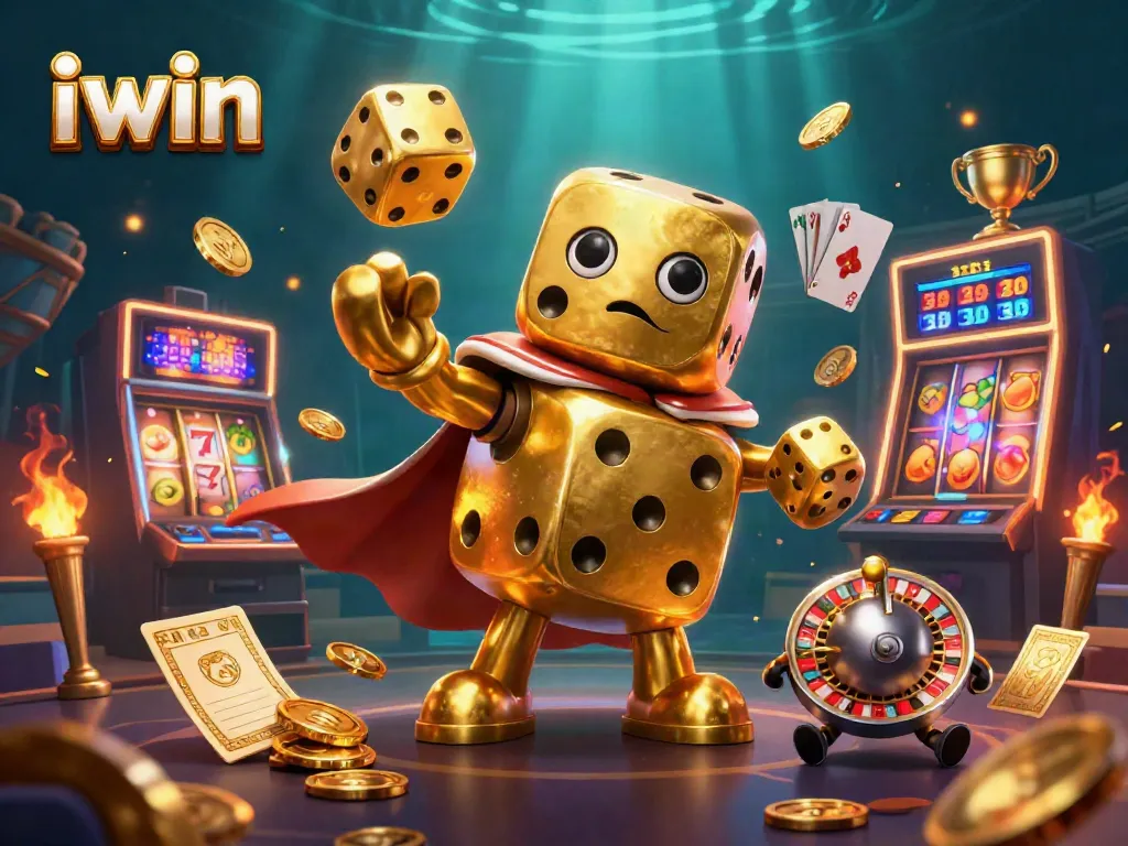 Roll the dice and spin the reels with iwin's vibrant casino illustration featuring golden characters.