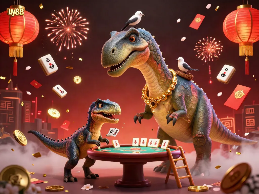 Experience the thrill of uy88 with a vibrant 3D casino scene featuring a giant brontosaurus and a clever raptor dealing cards.