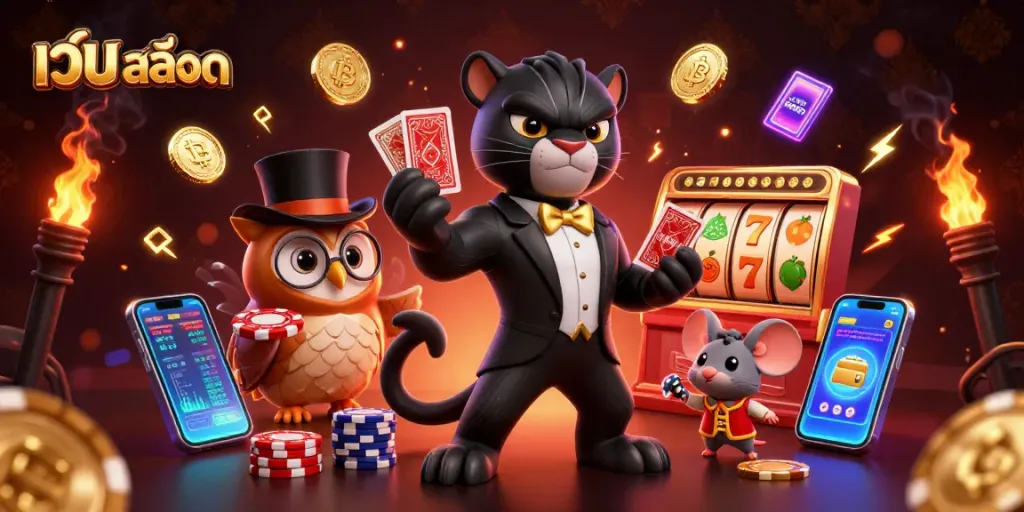 Experience เว็บ สล็อต excitement with a stylish panther dealer, an owl with poker chips, and a lucky mouse.