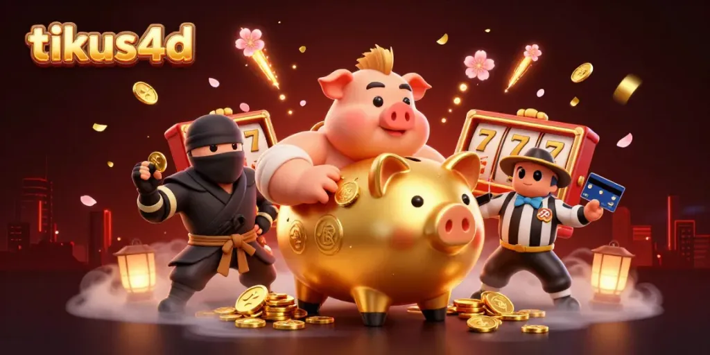 Experience thrilling action with tikus4d as a golden piggy bank wrestler, wallet-ninja, and credit-card samurai in a festive scene.