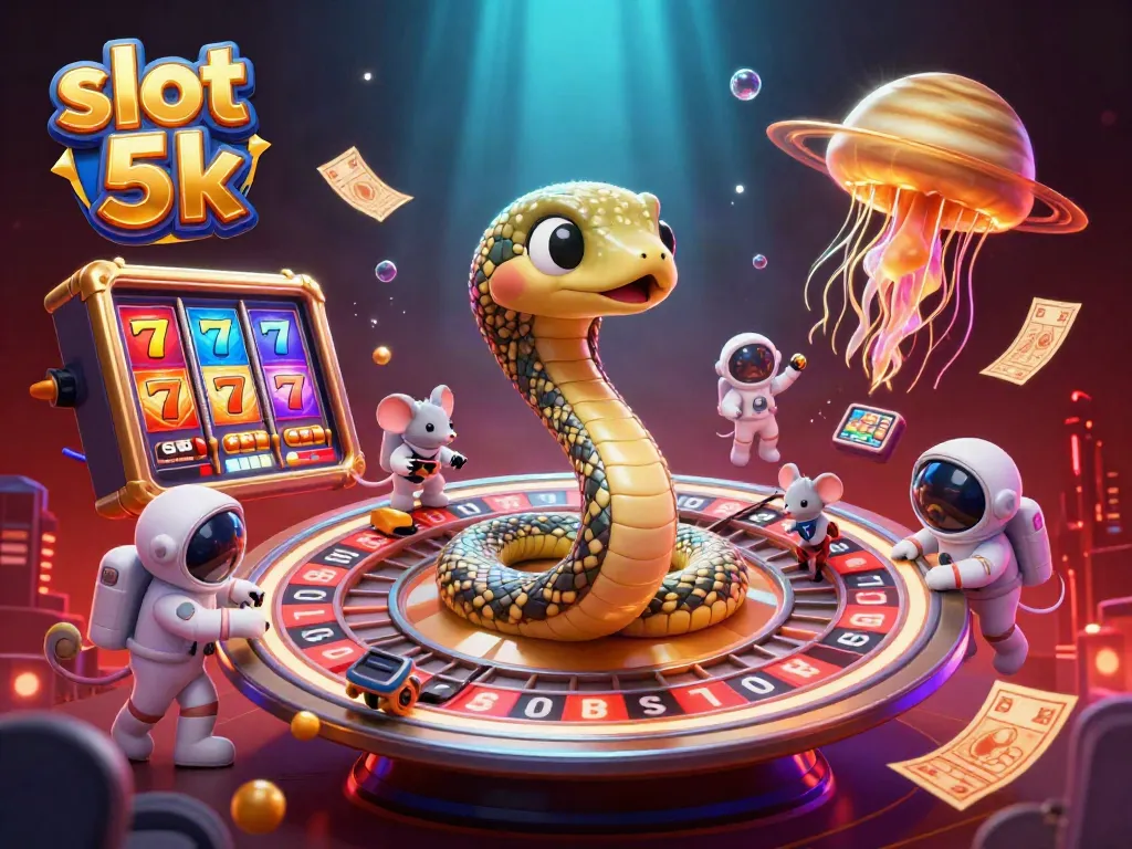 Engaging slot 5k action with a cosmic dealer, cartoon characters, and vibrant jackpot elements.