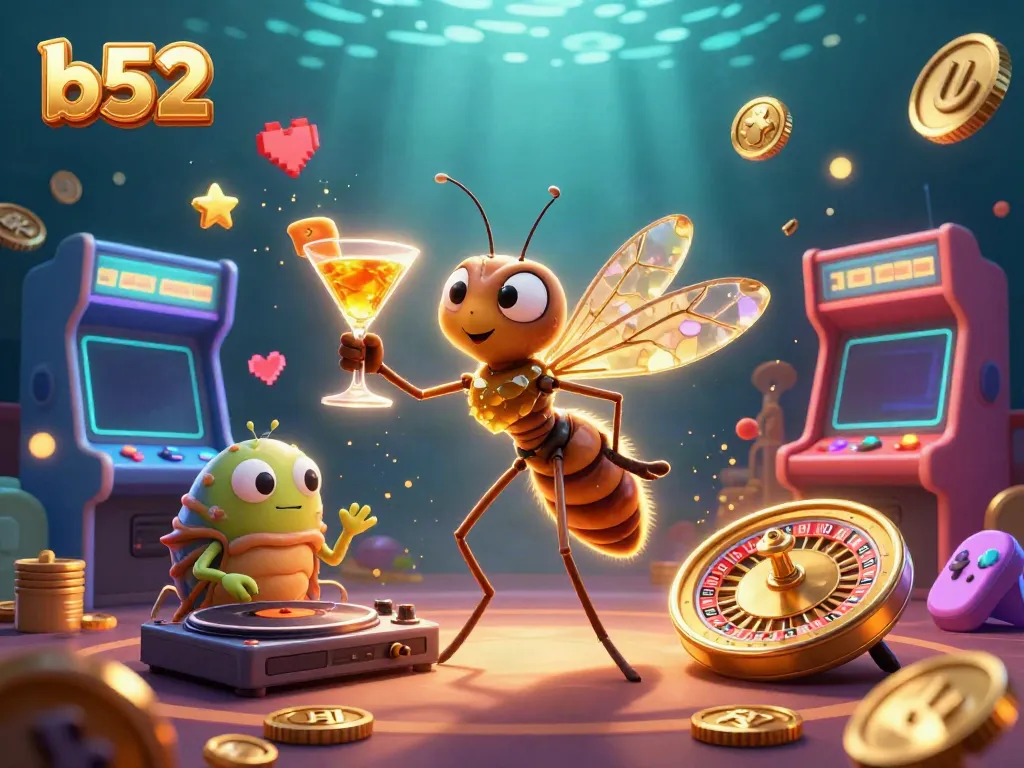 Engaging b52 casino scene featuring a mascot mosquito, trilobite DJ, and roulette wheel