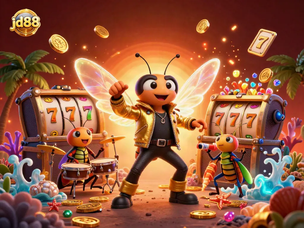 Experience jd88 excitement with a vibrant 3D illustration of a casino-themed rock star scene filled with games and treasures.