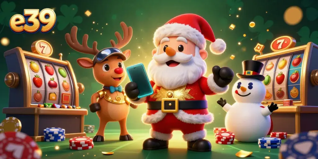 Join the fun with e39 as Santa Claus and friends celebrate jackpots in a vibrant casino!