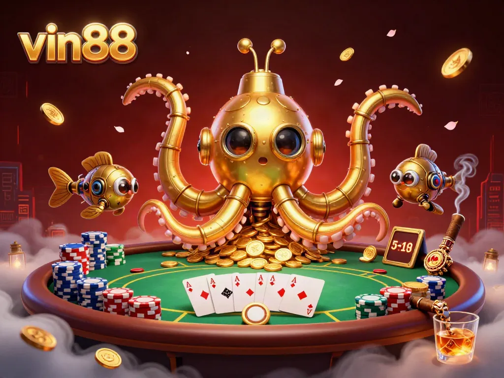 vin88 showcases a vibrant 3D casino scene featuring a golden kraken hybrid submarine surrounded by poker elements
