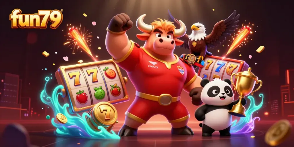 Experience fun79's thrilling jackpots and slots with vibrant characters in a stunning casino scene.