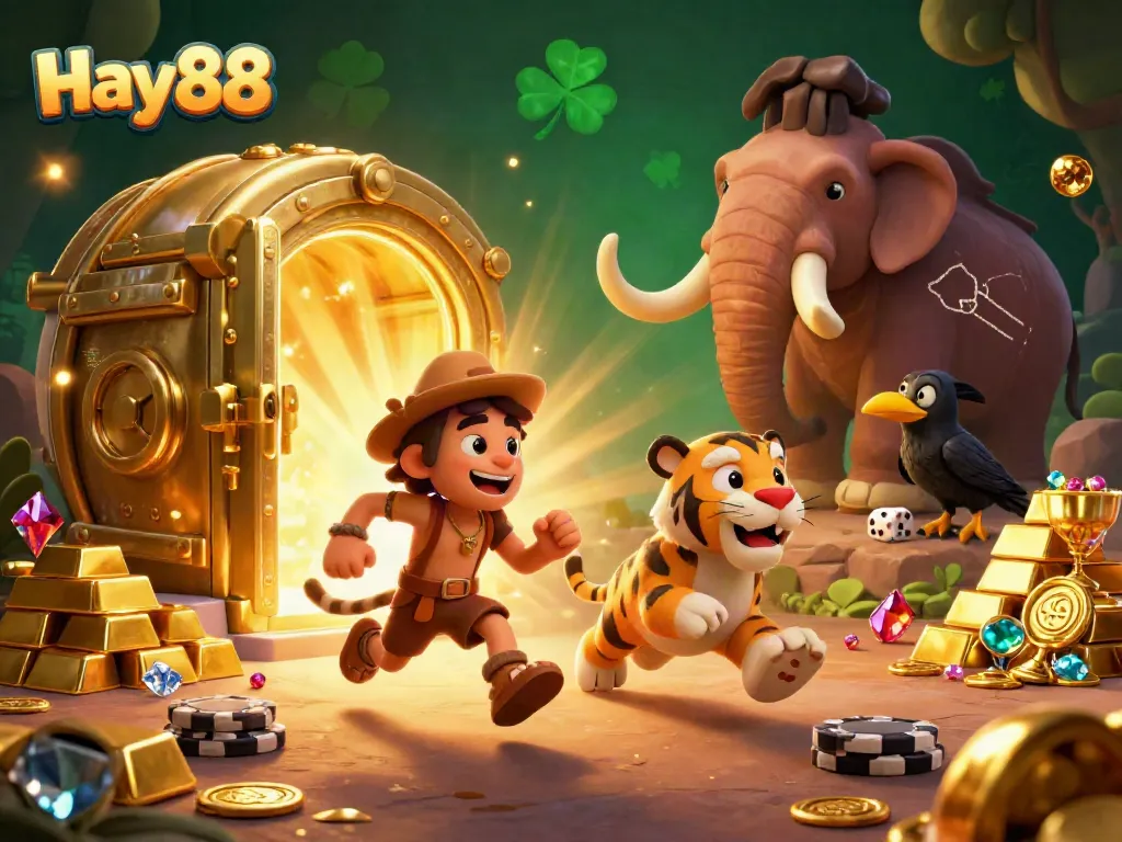 Experience thrilling gaming at Hay88 with caveman and tiger duo in a vibrant casino.