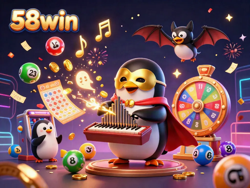 Engage in thrilling gameplay with 58win's dazzling casino elements and iconic characters in a vibrant illustration.