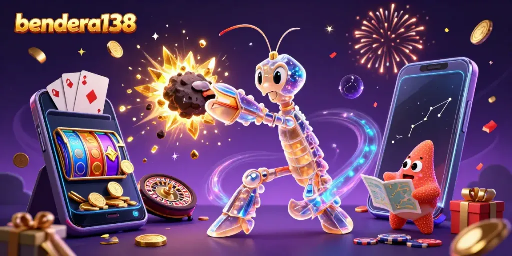 Bendera138's dynamic galactic samurai mantis shrimp unleashes gems and coins in a casino-themed explosion.