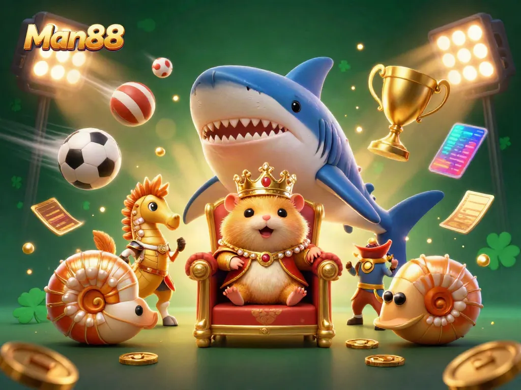 Win big with Man88 in this vibrant 3D illustration showcasing a cartoon casino scene with playful characters and gaming elements.