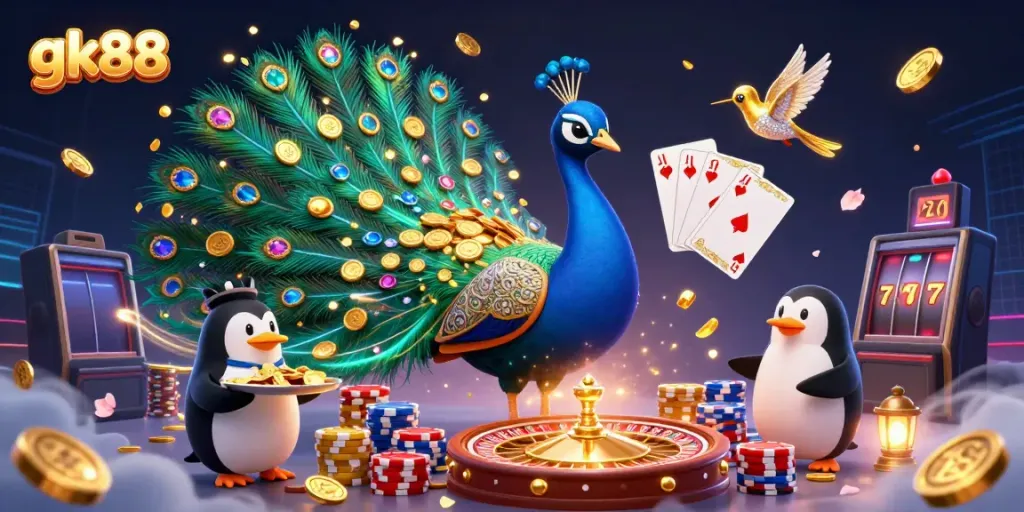 Experience the thrilling world of gk88 with interactive casino elements, featuring vibrant characters and gambling action.