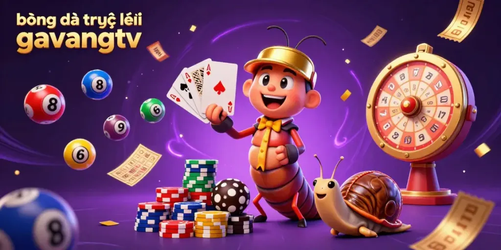Experience the thrill of bóng đá trực tuyến gavangtv with this vibrant, dynamic gambling scene featuring colorful lottery elements and a cartoon dealer.