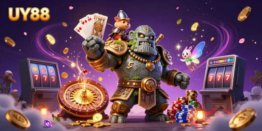 Experience the excitement of UY88 with a vibrant, dynamic casino scene showcasing adventure and gaming elements.