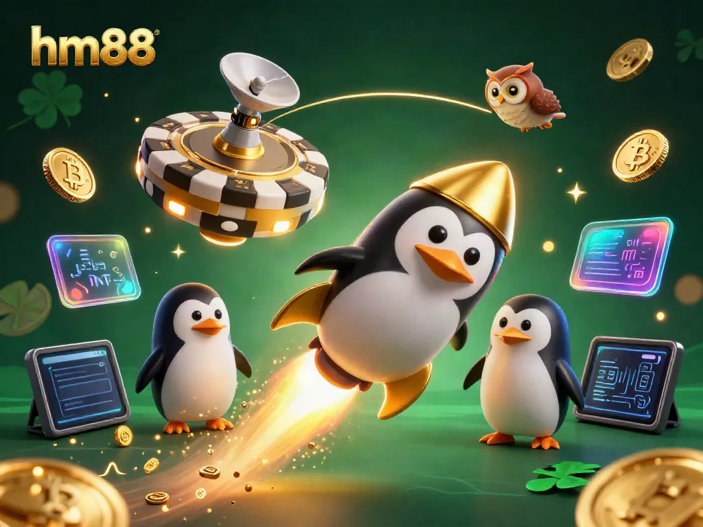 Experience thrilling gaming at hm88 with a dynamic 3D penguin soaring towards a casino chip in space.