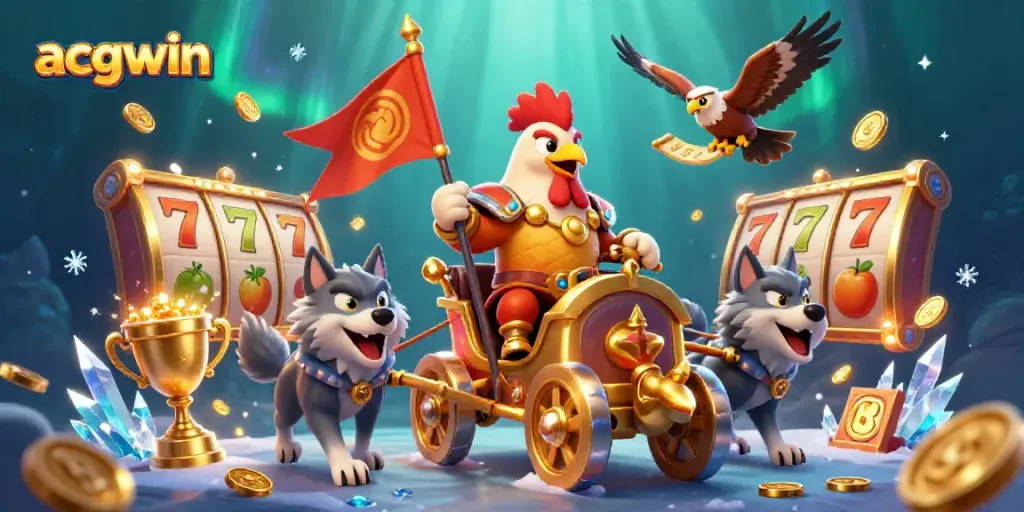 Engage with acgwin's dynamic online casino experience, depicted as a rooster warlord with slot symbols and golden trophies.