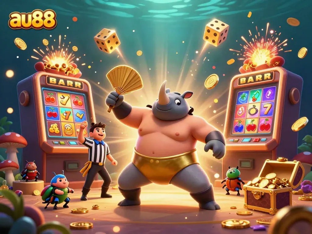 Witness the thrilling au88 jackpot moment as the champion beetle stomps gold coins amidst a vibrant casino scene.