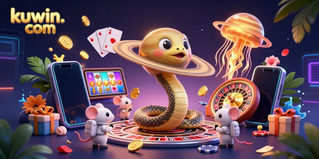 Gamble at kuwin. com while engaging in a cosmic casino experience with playful characters and diverse gaming elements.